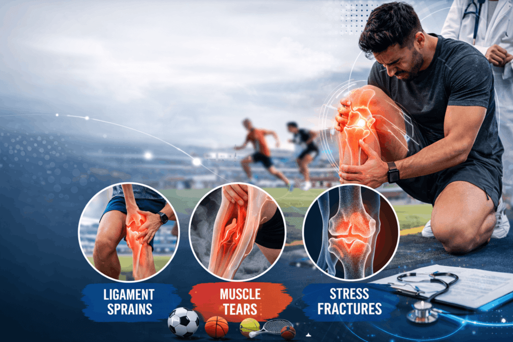 common injuries in sports - ligament sprains, muscle tears, stress fractures