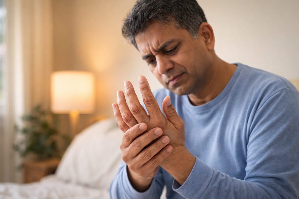 Early Signs of Rheumatoid Arthritis- joint stiffness and pain in fingers