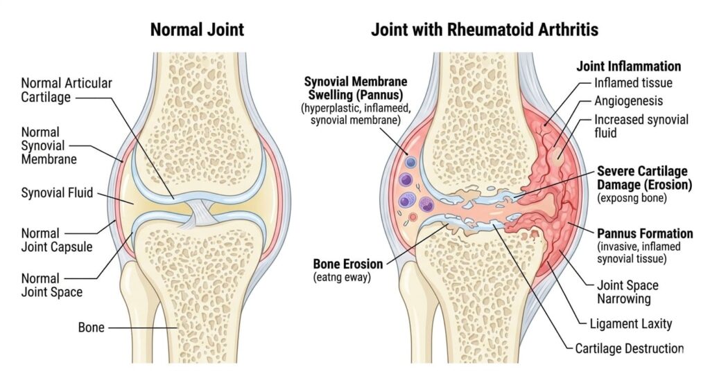 rheumatoid arthritis treatment - joint inflammation, synovial membrane swelling, and cartilage damage in rheumatoid arthritis.